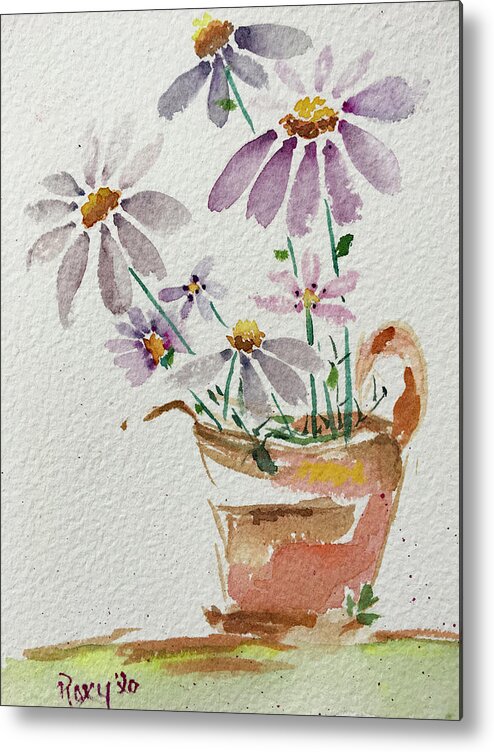Daisy Metal Print featuring the painting Daisies in a Rusty Copper Pitcher by Roxy Rich