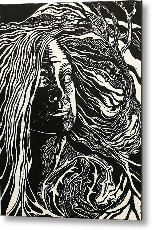 Linocut Metal Print featuring the mixed media Dissolving Duality by Judy Frisk