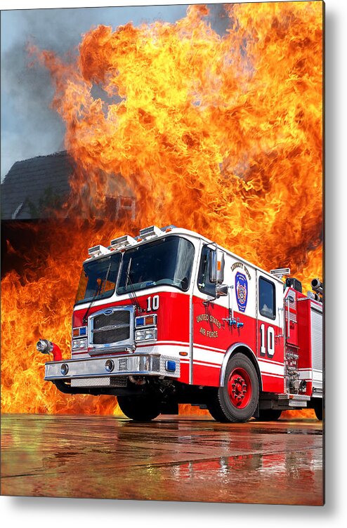 Big Rig Metal Print featuring the photograph Fire Truck With Flames by Gill Billington
