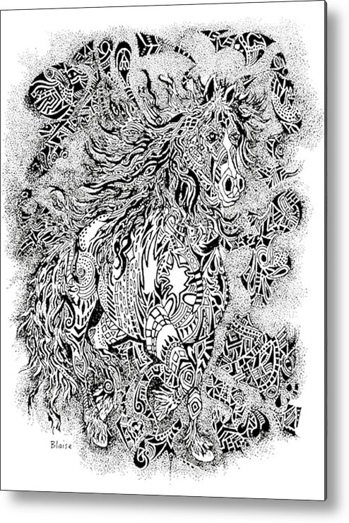 Horse Metal Print featuring the drawing Firestorm In Black And White by Yvonne Blasy