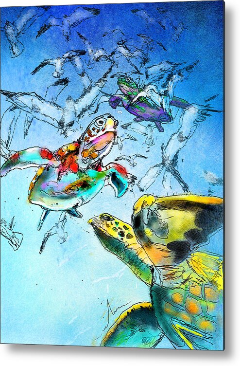 Turtle Metal Print featuring the painting Flying in a Blue Dream by Miki De Goodaboom