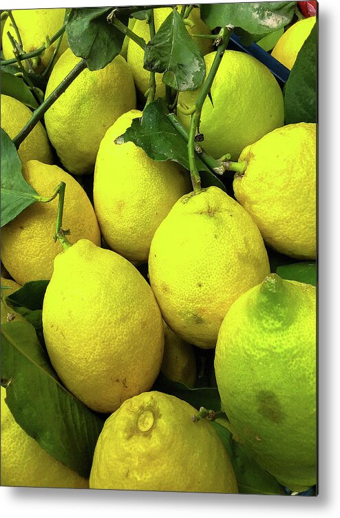 Italy   Color Image     Vertical     Amalfi Coast ×travel ×no People ×travel Destinations ×town ×famous Place ×village ×sorrento - Italy ×campania ×outdoors ×italian Culture ×european Union ×lemon - Fruit ×freshness ×market Stall ×food ×fruit ×citrus Fruit ×leaf ×ripe ×close-up ×agriculture × Metal Print featuring the photograph Fresh Lemons by Marian Tagliarino