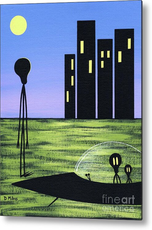 Mid Century Modern Science Fiction Metal Print featuring the painting Friendly Alien Family Visits Earth by Donna Mibus