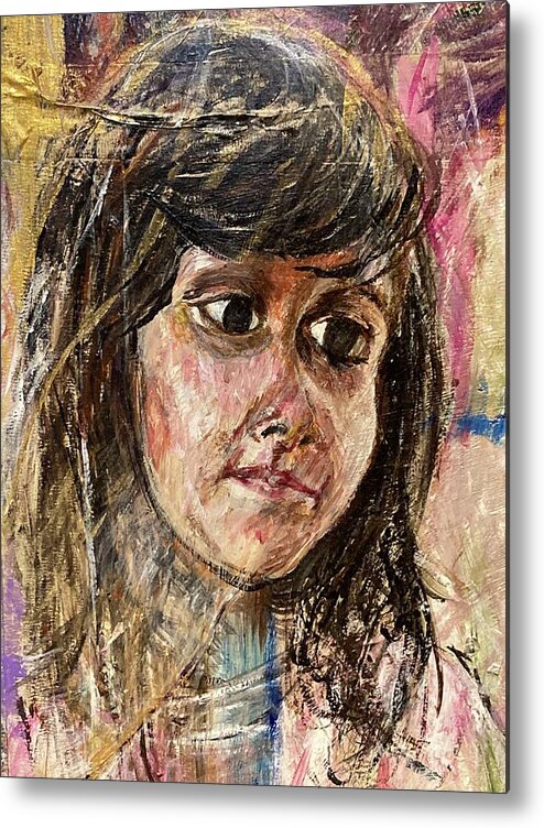 Portrait Of A Young Girl On Colorful Background. Part Of A Family Portraits Series. Metal Print featuring the painting Girl by David Euler