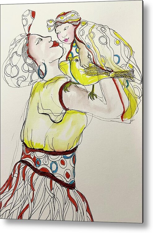 Mother. Child Metal Print featuring the drawing Good Morning by Rosalinde Reece