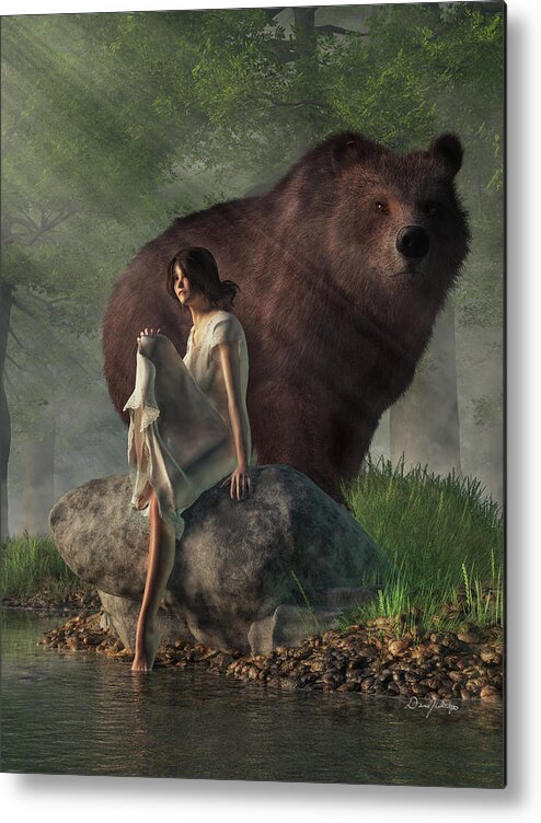 Grizzly Bear Metal Print featuring the digital art Grizzly Bear and Girl in a Nightgown by Daniel Eskridge