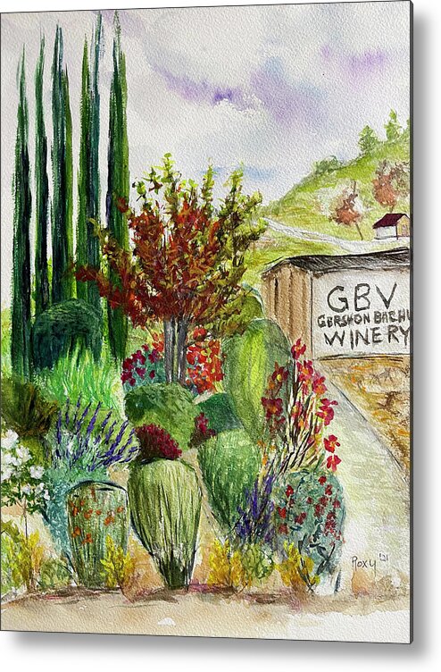 Gershon Bachus Vintners Metal Print featuring the painting Hill to the Barrel Room at GBV by Roxy Rich