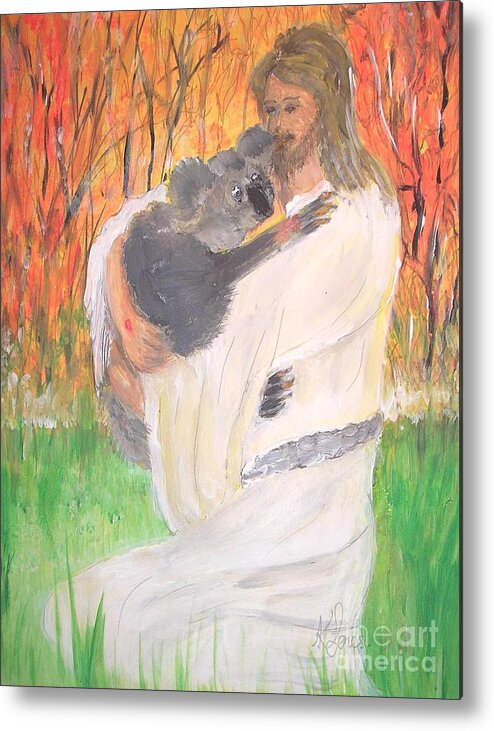 Jesus Christ Metal Print featuring the painting Jesus Holding a Koala Bear by Karen Jane Jones