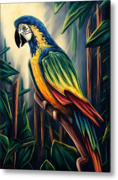 Bird Metal Print featuring the painting Jungle parrot painting, colorful macaw by Nadia CHEVREL