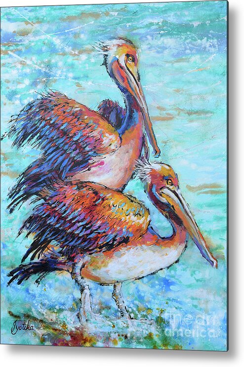Juvenile Brown Pelican Metal Print featuring the painting Juvenile Pelicans by Jyotika Shroff