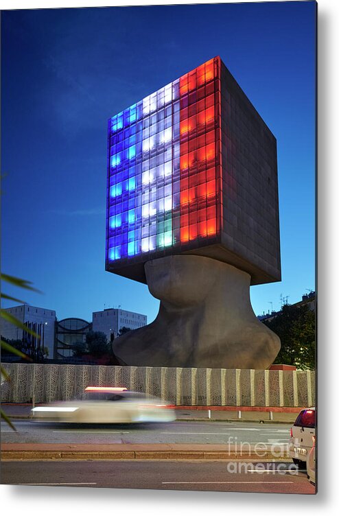 Louis Nucera Library Metal Print featuring the photograph Louis Nucera Library on Nice at night with French flag colors by Jose Rey