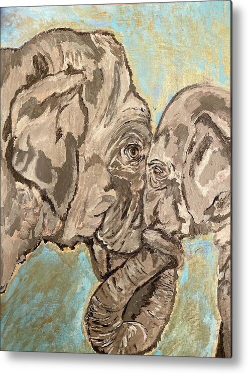 Mother And Baby Elephant Metal Print featuring the painting Elephant Mother And Baby Trunks Entangled by Melody Fowler