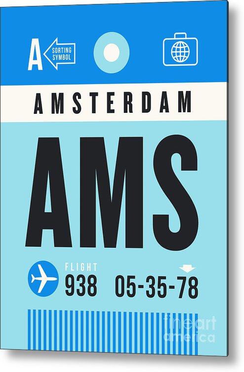 Airline Metal Print featuring the digital art Luggage Tag A - AMS Amsterdam Netherlands by Organic Synthesis