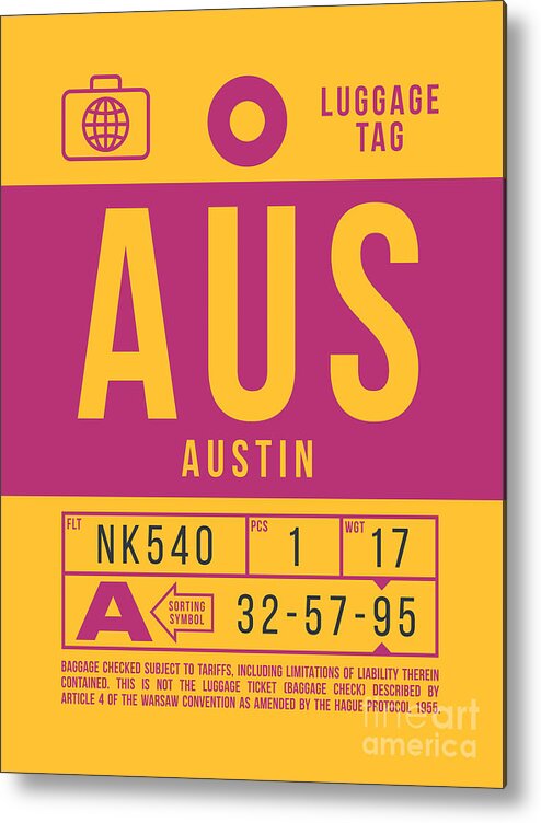Airline Metal Print featuring the digital art Luggage Tag B - AUS Austin USA by Organic Synthesis