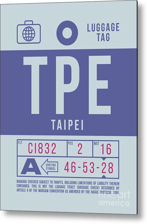 Airline Metal Print featuring the digital art Luggage Tag B - TPE Taipei Taiwan by Organic Synthesis