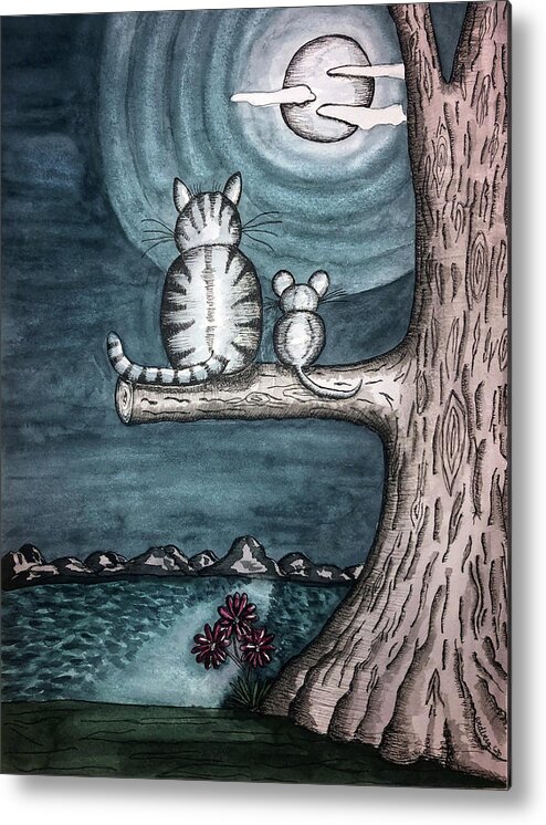 Landscape Metal Print featuring the painting Moonlight Cat and Mouse by Christina Wedberg