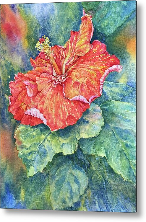 Tropical Hibiscus Watercolor Painting Orange Red Green Blue Floral Metal Print featuring the painting Orange Hibiscus by Annika Farmer