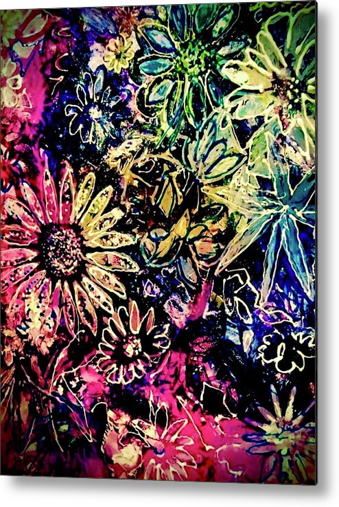 #colorful #flowers #alcohol Ink #leap4artnc #abstract #pink #blue #turquoise #green #petals Metal Print featuring the painting Outlining Spring by Tommy McDonell