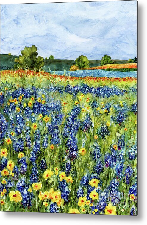 Bluebonnet Metal Print featuring the painting Painted Hills - Bluebonnets and Coreopsis 2 by Hailey E Herrera