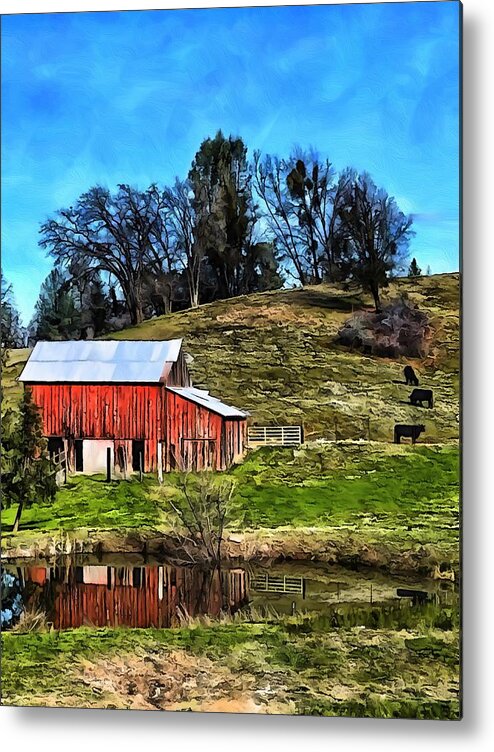 Photograph Barn Red Pond Cows Metal Print featuring the photograph Red Barn in Oils by Beverly Read