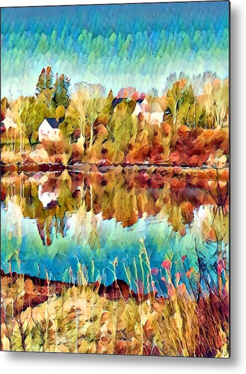 Landscape Metal Print featuring the mixed media River Reflections in Autumn by Lisa Pearlman