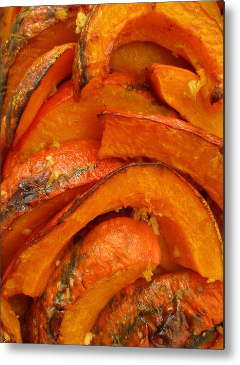 Roast Dinner Metal Print featuring the photograph Roasted pumpkin slices, closeup by Tanai