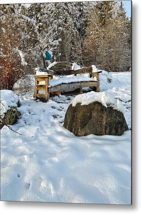 Bench Metal Print featuring the photograph Snow Covered Park Bench by Jerry Abbott