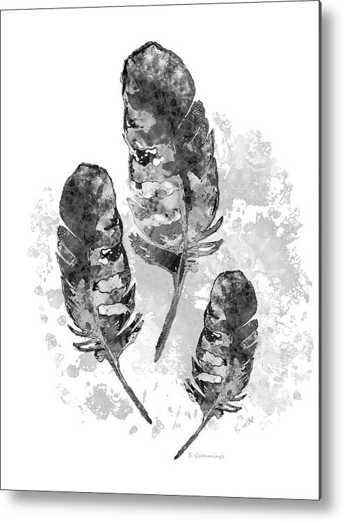 Feather Metal Print featuring the painting Soft Gray Feathers Black And White Art by Sharon Cummings