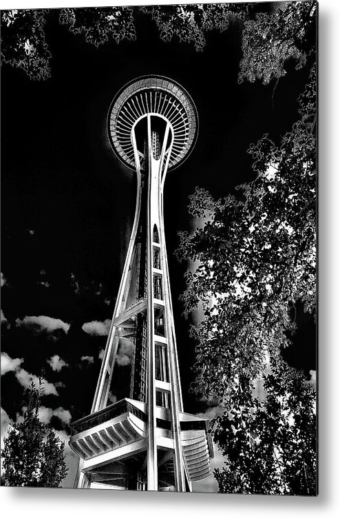 Space Needle Metal Print featuring the photograph Space Needle in Black and White by Michael Oceanofwisdom Bidwell