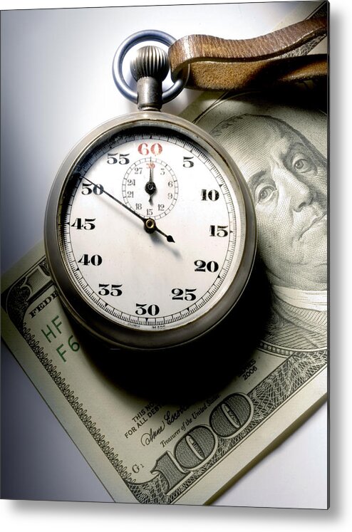 Two Objects Metal Print featuring the photograph Stopwatch Hundred Dollar Bill by ATU Images