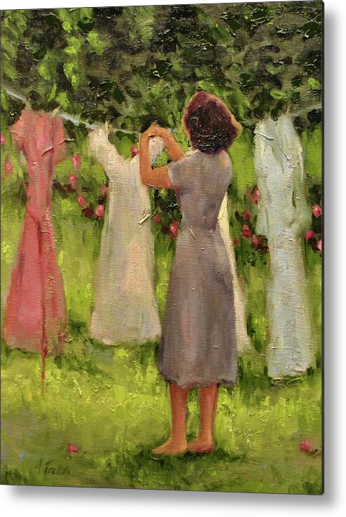 Women Hanging Clothes Metal Print featuring the painting Summer Breeze by Ashlee Trcka