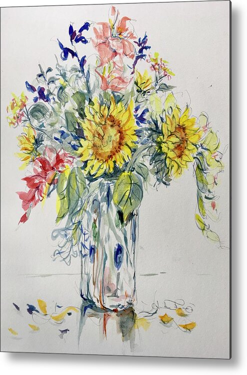 Sunflowers Gladiolus Flower Bouquet Watercolor Painting Metal Print featuring the painting Sunflowers and Gladiolus by Annika Farmer
