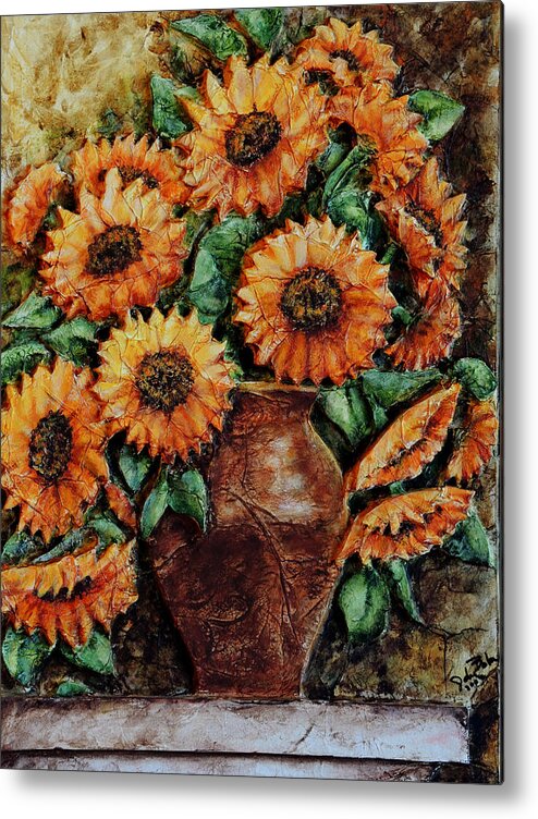 Sunflower Acrylic Painting Vase Flowers Floral Still Life Metal Print featuring the painting Sunflowers by John Bohn
