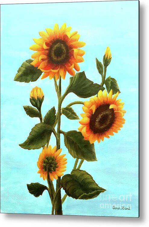 Portrait Metal Print featuring the painting Sunflowers on Blue by Sarah Irland