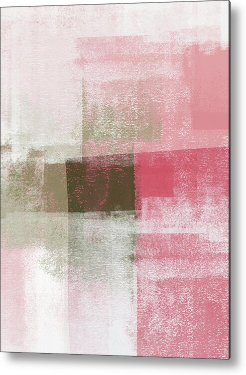 Abstract Metal Print featuring the mixed media Surfaces 9B - Abstract in Sage Green and Deep Pink by Menega Sabidussi