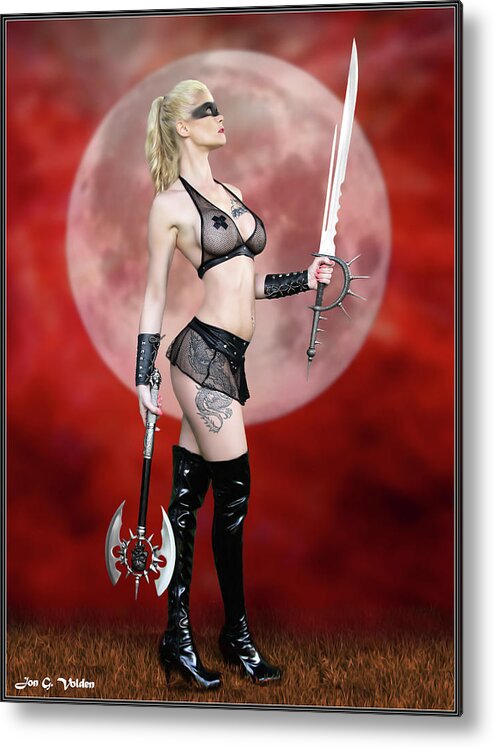 Cosplay Metal Print featuring the photograph Sword Ax Fishnet And Boots by Jon Volden
