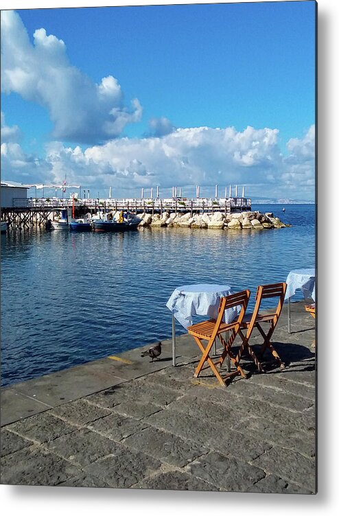 Italycolor Imageverticalamalfi Coast ×travel ×sea ×no People ×scenics - Nature ×water ×landscape - Scenery ×coastline ×travel Destinations ×town ×famous Place ×sky ×village ×sorrento - Italy ×harbor ×fishing Boat ×cloud - Sky ×gulf Of Naples ×mountain ×cliff ×marina Grande - Sorrento ×coastal Feature ×fishing Village ×campania ×outdoors ×italian Culture ×european Union ×dining Table ×restaurant ×looking At View × Metal Print featuring the photograph Table for Two Italy by Marian Tagliarino