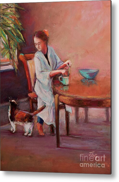 Cat Metal Print featuring the pastel Tea Time by Joyce Guariglia
