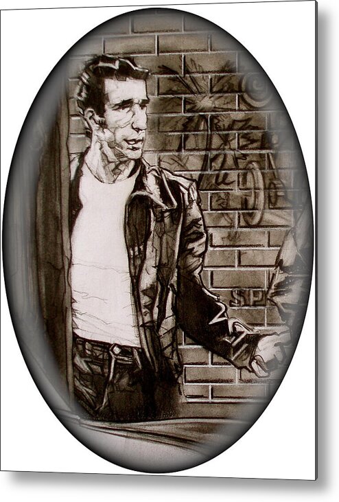 Charcoal Pencil On Paper Metal Print featuring the drawing The Fonz - detail by Sean Connolly