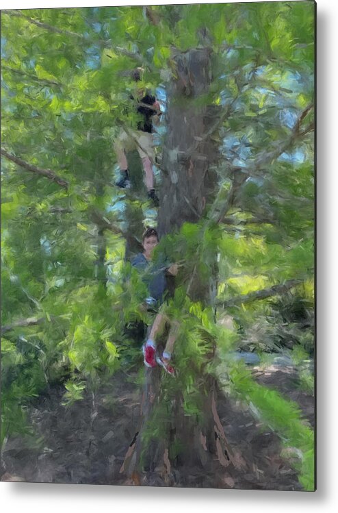 Trees Metal Print featuring the painting The Tree Climbers by Gary Arnold