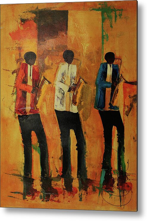  Metal Print featuring the painting Three Saxo's In Time by Ndabuko Ntuli