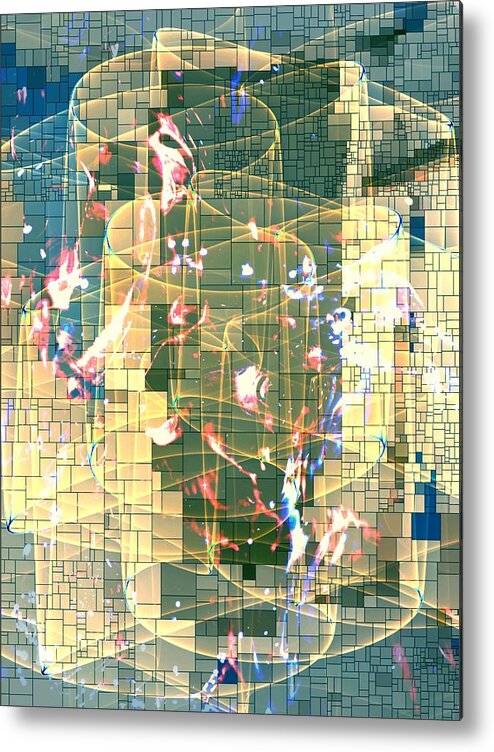 Trapped Abstract Photograph Ribbon Squares Particles Yellow Black Grey Blue Pink White Green Iphone Ipad-air Sandiego California Metal Print featuring the digital art Trapped Abstract by Kathleen Boyles