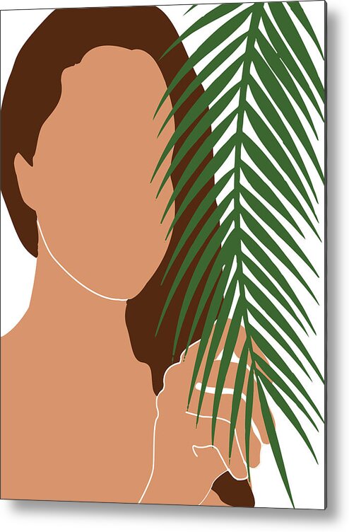 Tropical Metal Print featuring the mixed media Tropical Reverie 4 - Modern, Minimal Illustration - Girl and Palm Leaves - Aesthetic Tropical Vibes by Studio Grafiikka