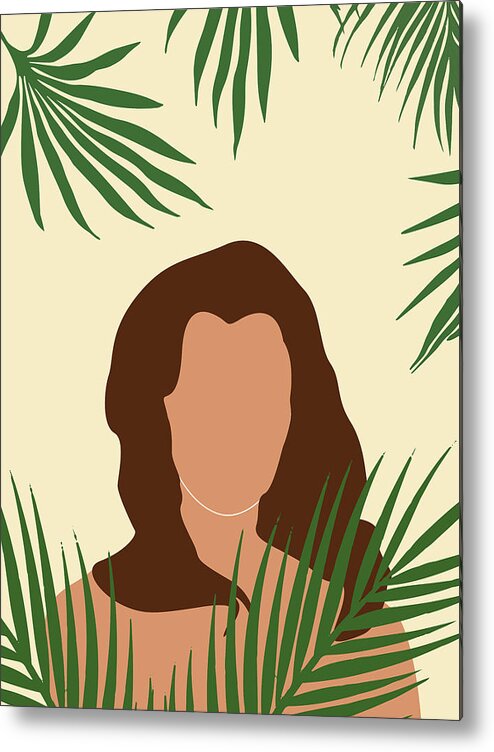 Tropical Metal Print featuring the mixed media Tropical Reverie 5 - Modern, Minimal Illustration - Girl and Palm Leaves - Aesthetic Tropical Vibes by Studio Grafiikka