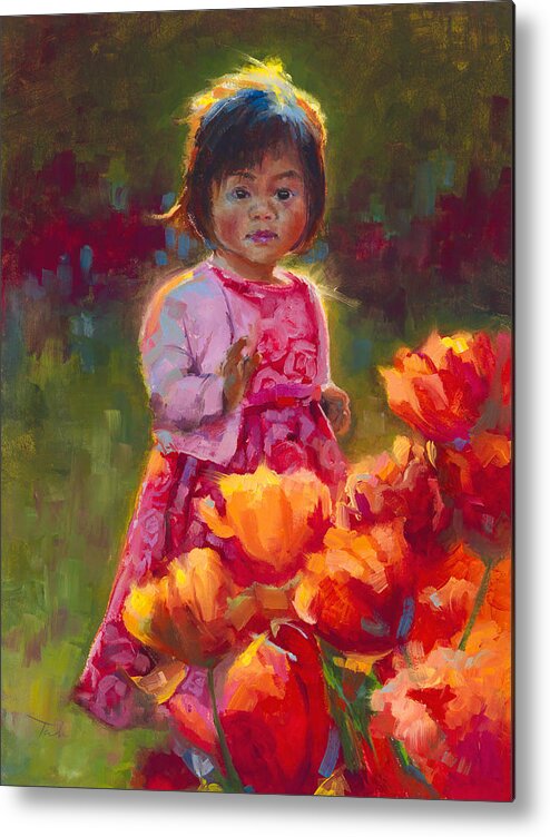 Orange Tulips Metal Print featuring the painting Tulip Princess - Impressionist Girl in Pink Dress With Orange Tulips by Talya Johnson