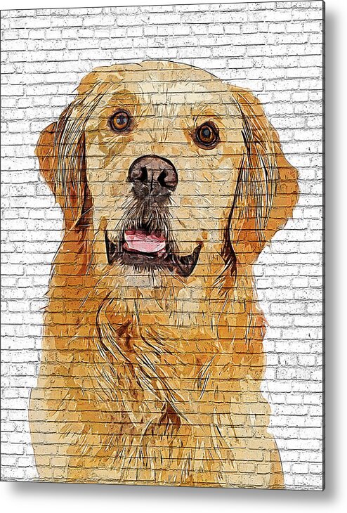 Golden Metal Print featuring the painting Very Smart Golden Retriever - Brick Block Background by Custom Pet Portrait Art Studio