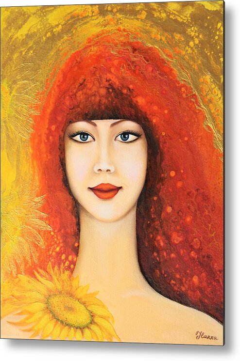 Woman Wall Art Woman Face  Girl With Sunflowers Flowers Home Decor Acrylic Abstract Painting Portrait Pouring Art Acrylic Painting Beautiful Woman Metal Print featuring the painting Vesna by Tanya Harr