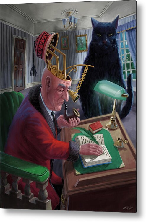 Writing Metal Print featuring the digital art Victorian author at writing desk with giant cat by Martin Davey