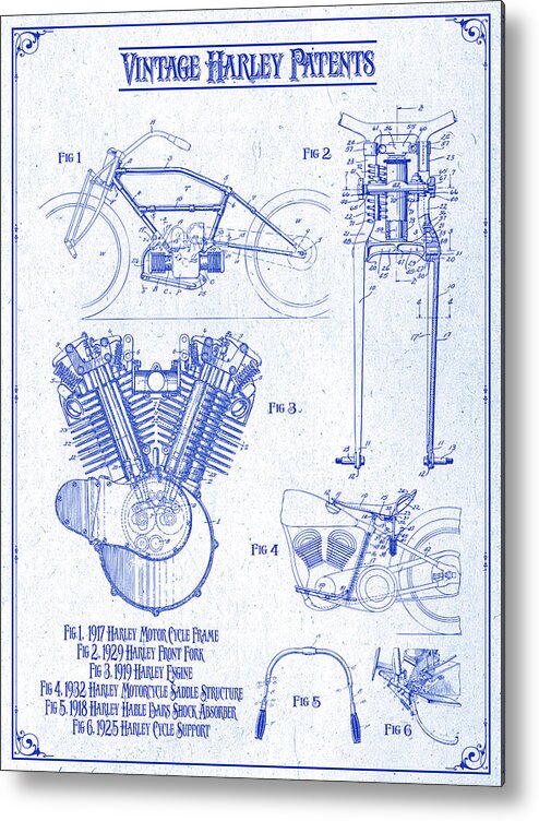 Vintage Harley Patents Print Blueprint Metal Print featuring the drawing Vintage Harley Patents Print Blueprint by Greg Edwards