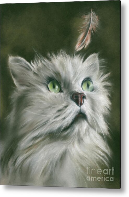 Cat Metal Print featuring the painting White Cat with a Feather by MM Anderson